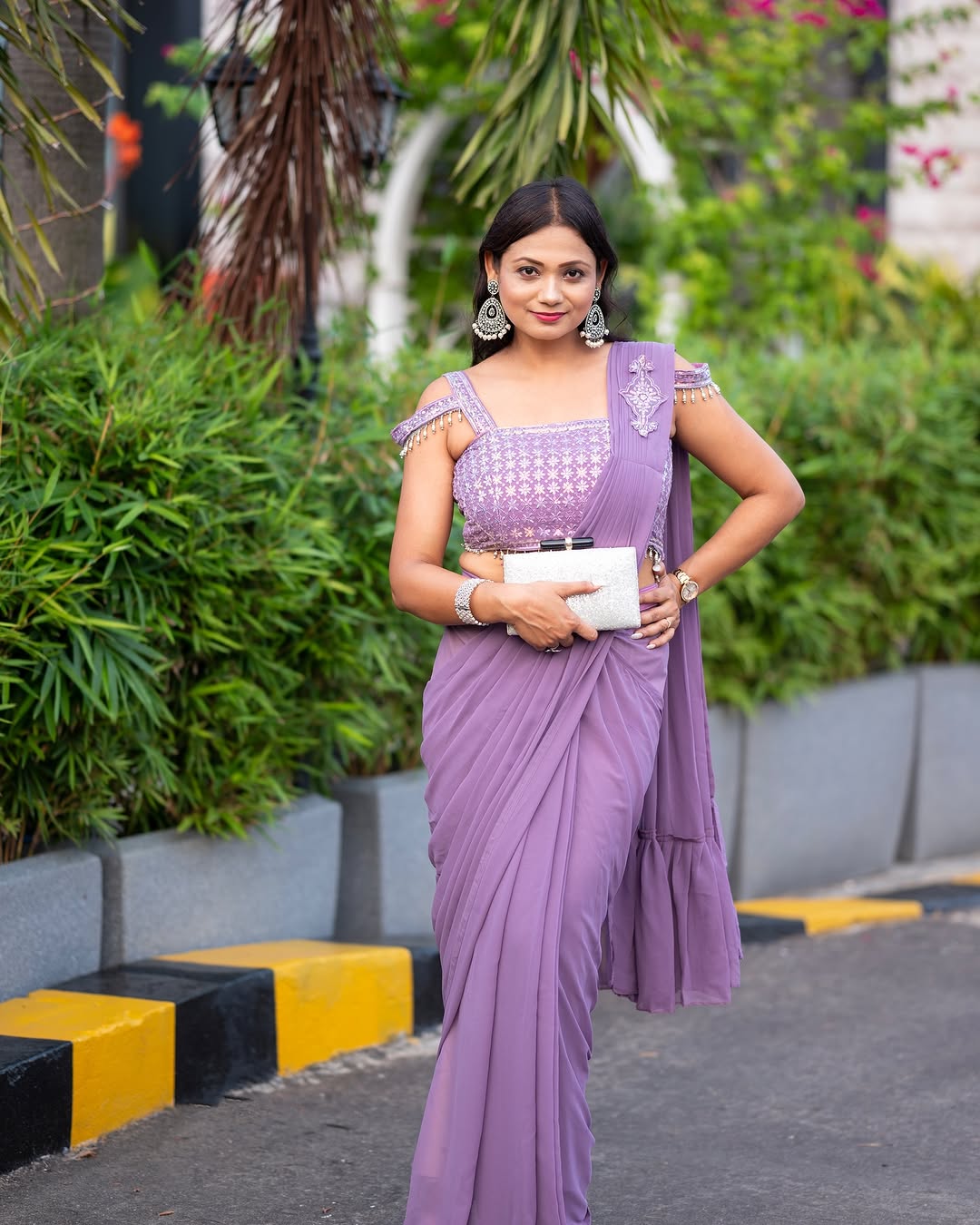 "Glam Up in Style: Stunning Faux Georgette Ready-to-Wear Saree with Ruffles & Patchwork Blouse"