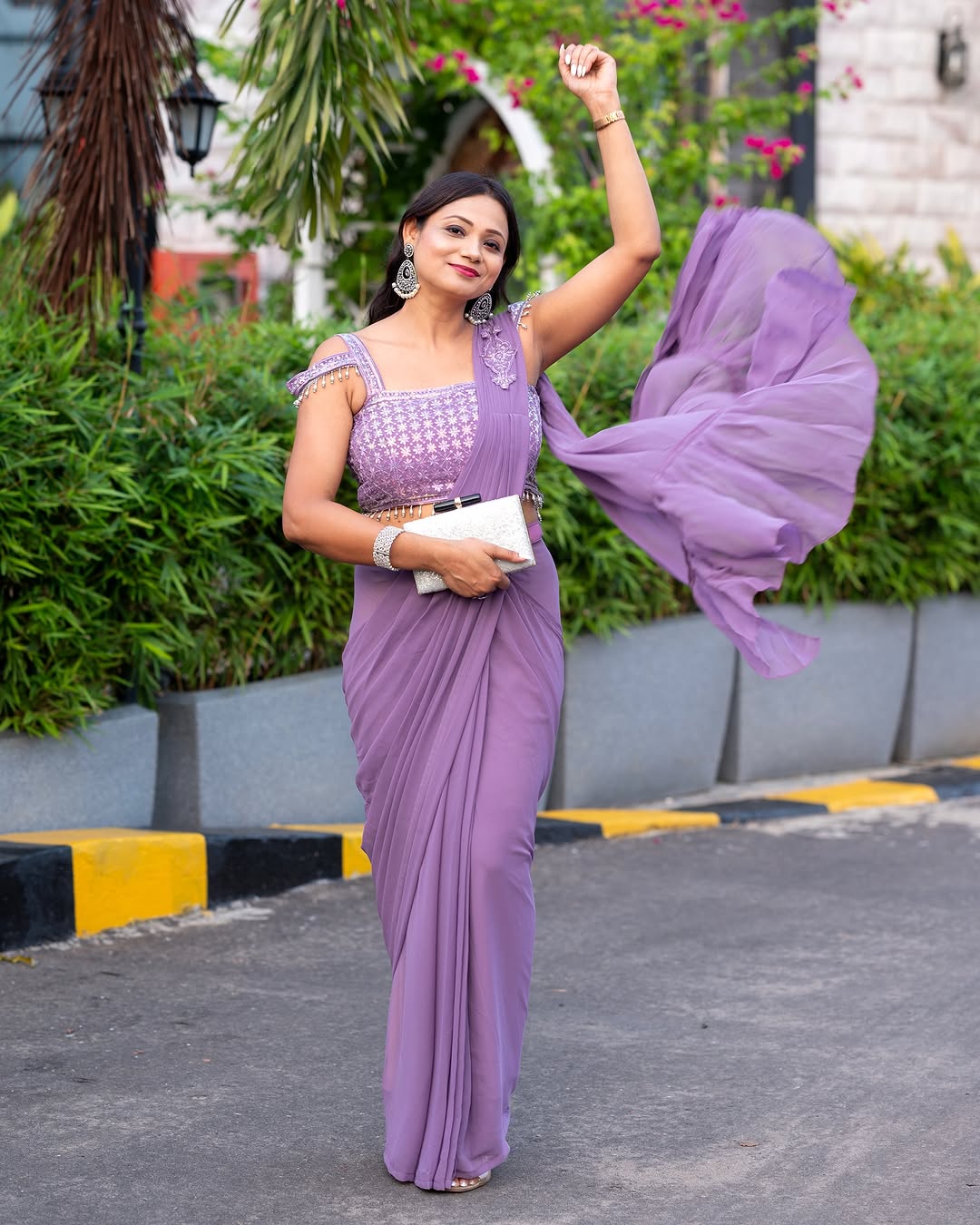 "Glam Up in Style: Stunning Faux Georgette Ready-to-Wear Saree with Ruffles & Patchwork Blouse"