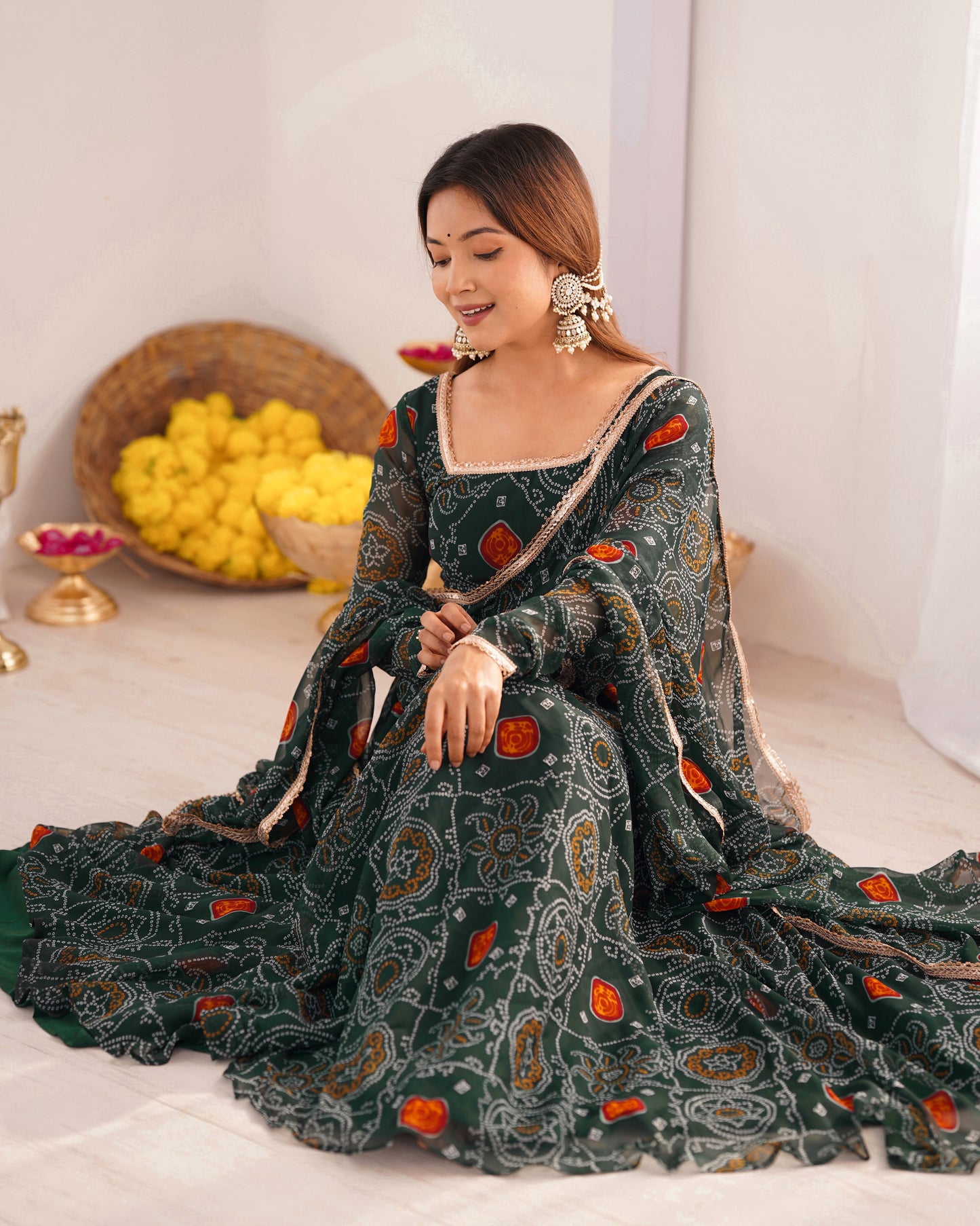 New Designer Bandhej Gown Set – Pure Soft Chiffon Anarkali with Dupatta and Pant