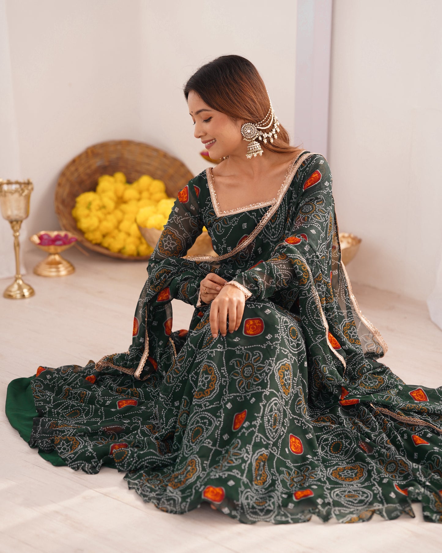 New Designer Bandhej Gown Set – Pure Soft Chiffon Anarkali with Dupatta and Pant