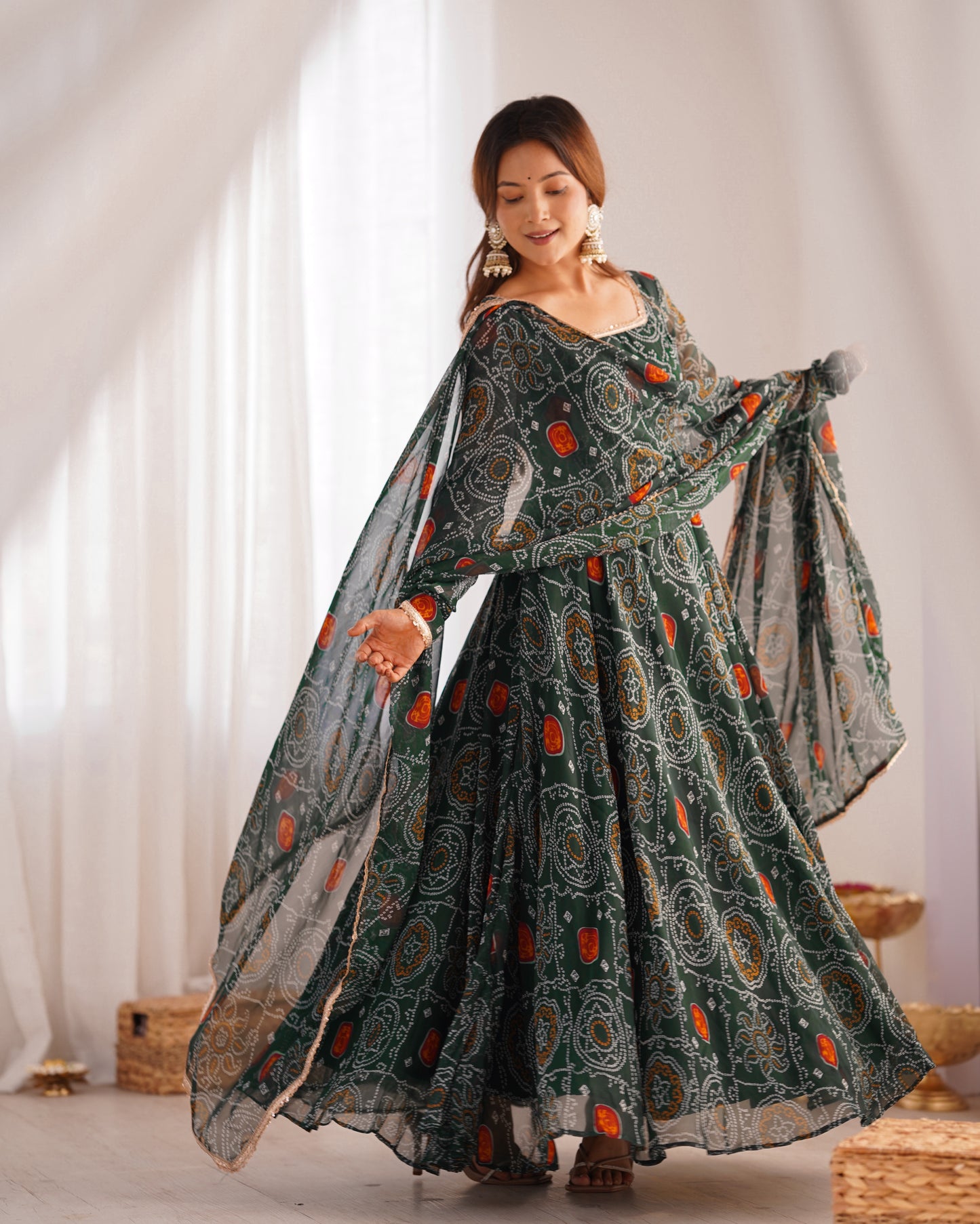 New Designer Bandhej Gown Set – Pure Soft Chiffon Anarkali with Dupatta and Pant