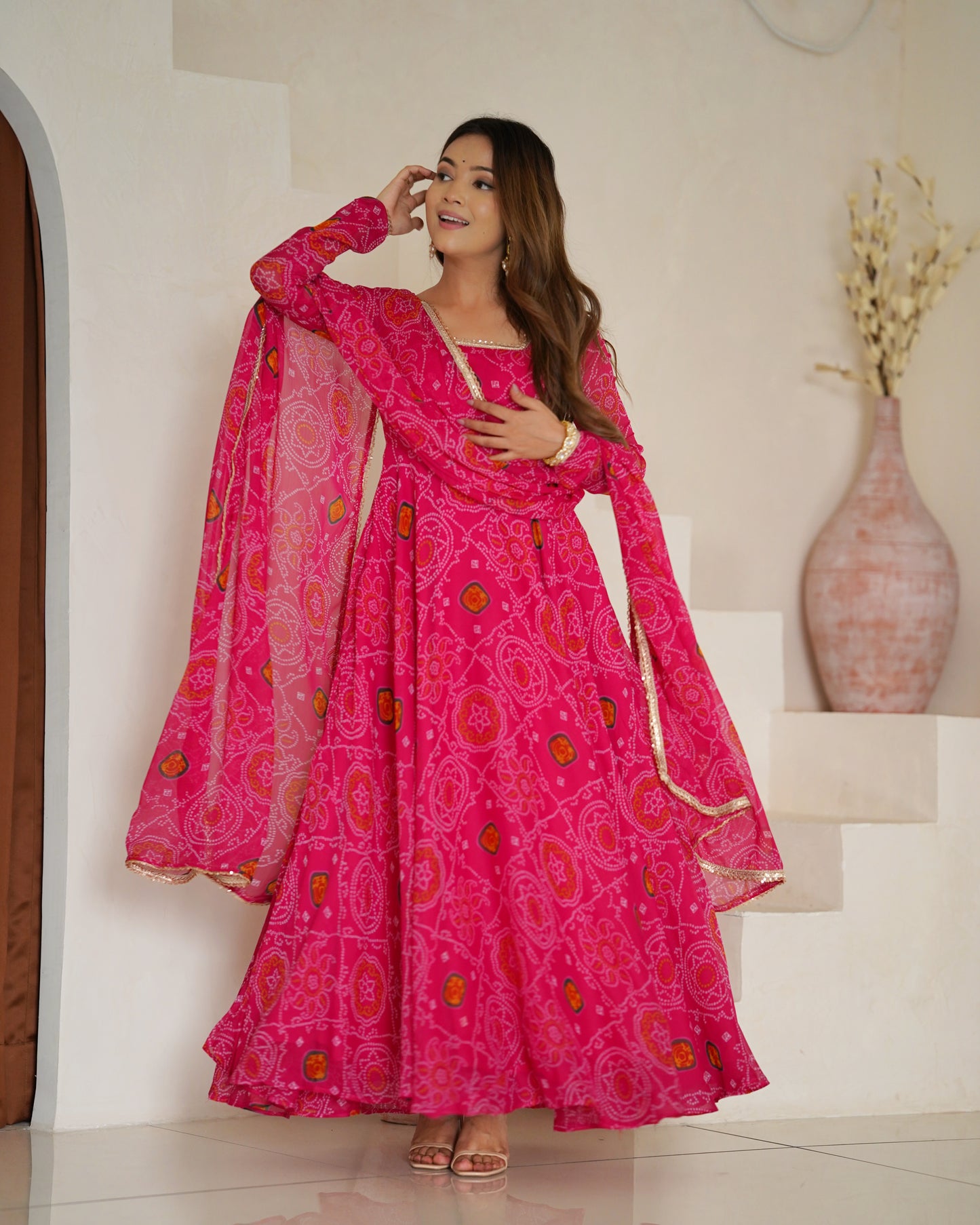 New Designer Bandhej Gown Set – Pure Soft Chiffon Anarkali with Dupatta and Pant