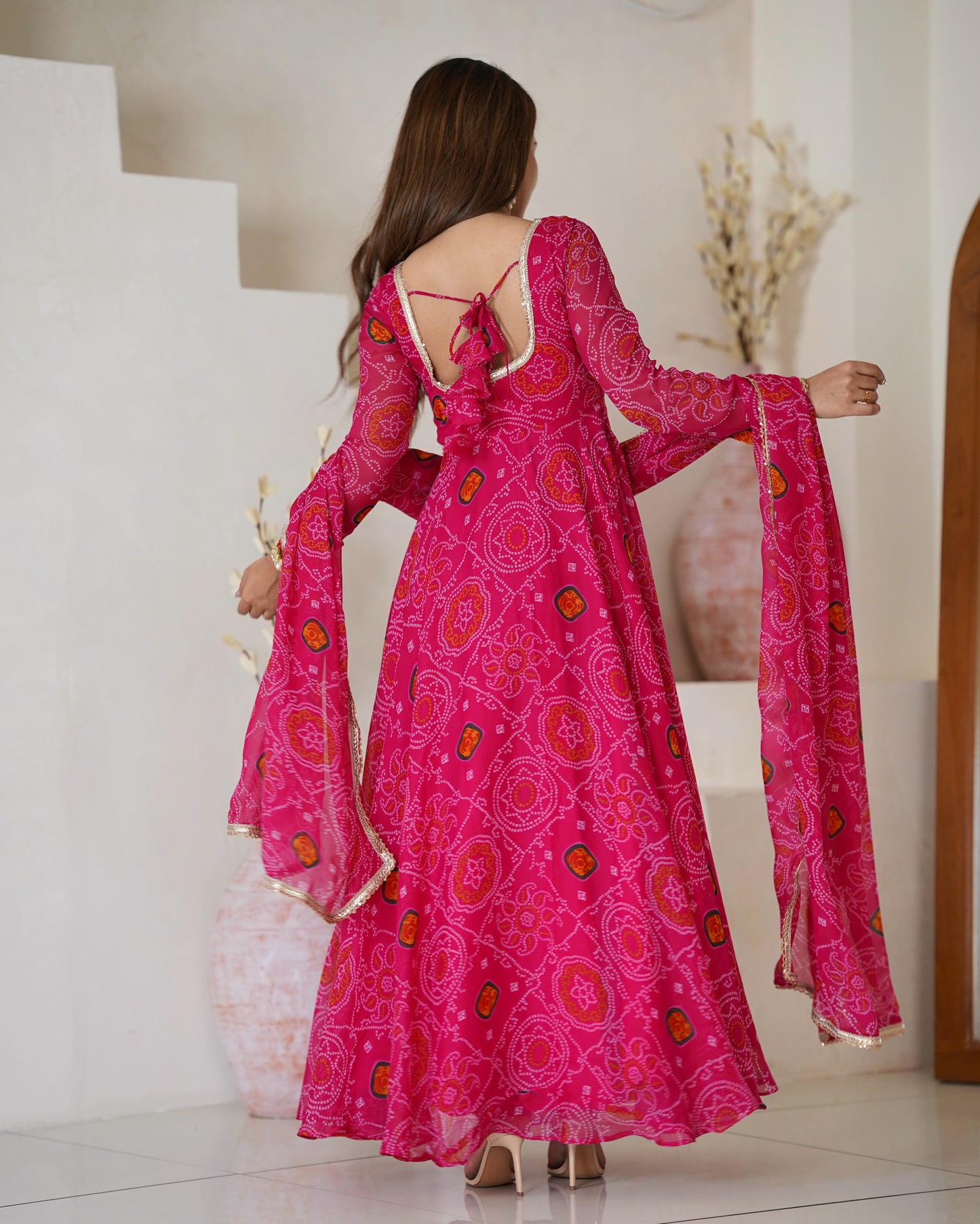 New Designer Bandhej Gown Set – Pure Soft Chiffon Anarkali with Dupatta and Pant