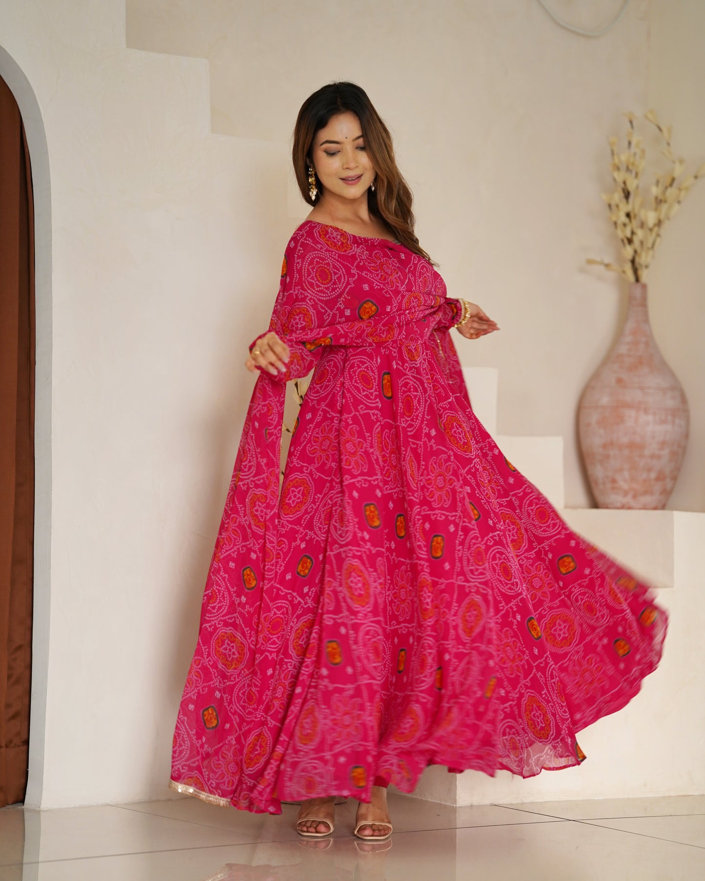 New Designer Bandhej Gown Set – Pure Soft Chiffon Anarkali with Dupatta and Pant