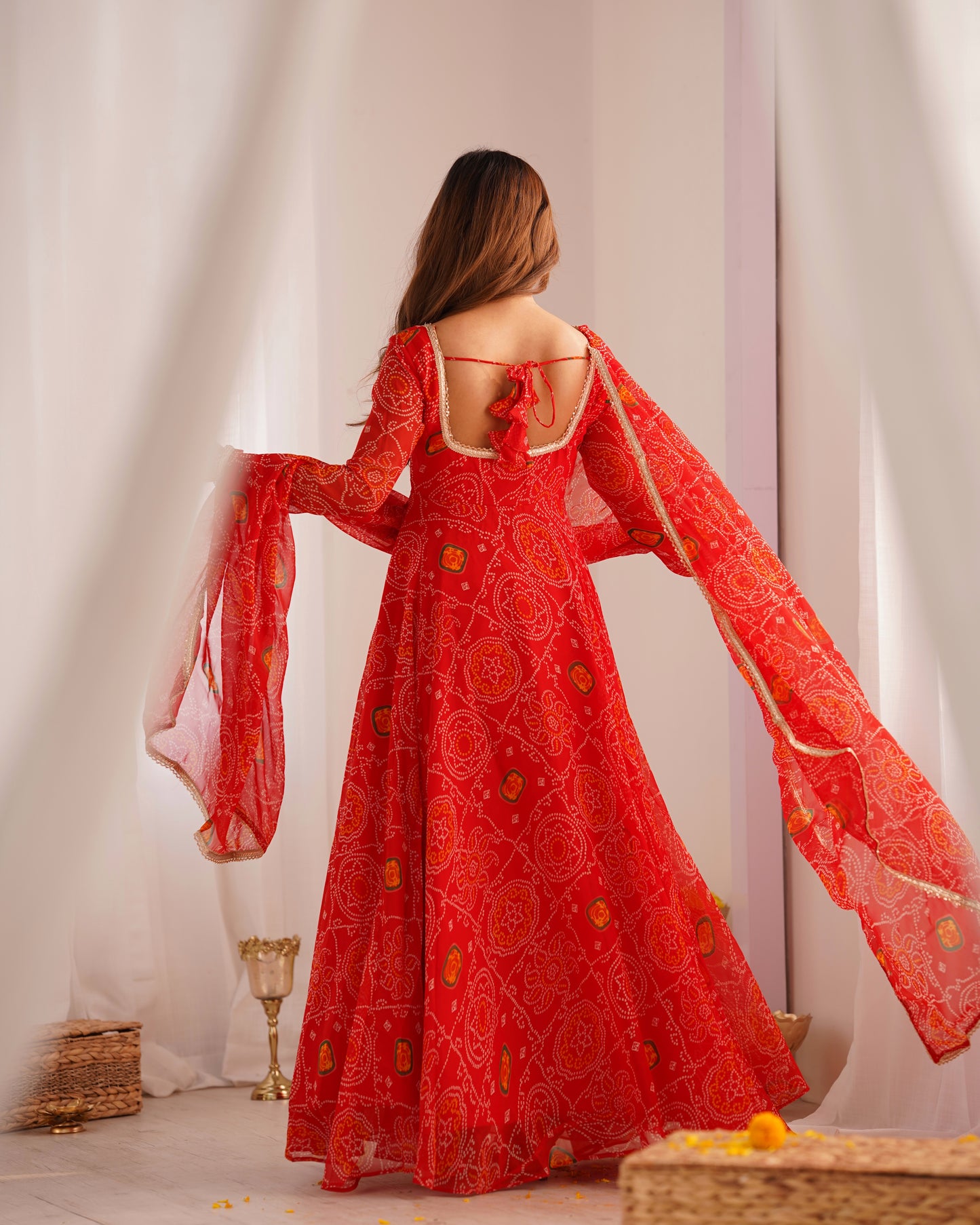 New Designer Bandhej Gown Set – Pure Soft Chiffon Anarkali with Dupatta and Pant