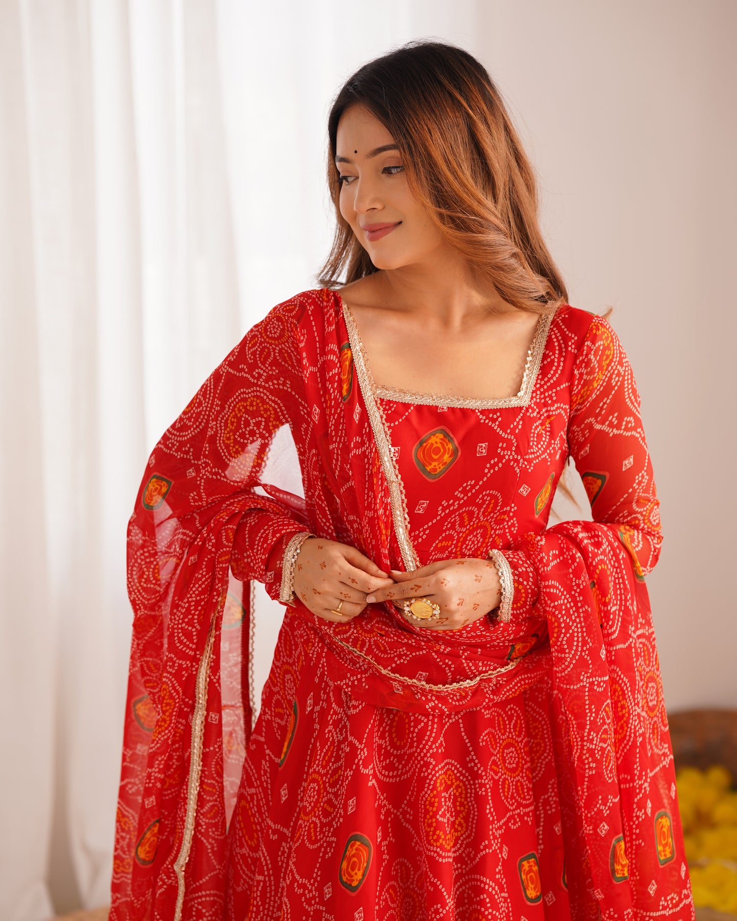 New Designer Bandhej Gown Set – Pure Soft Chiffon Anarkali with Dupatta and Pant