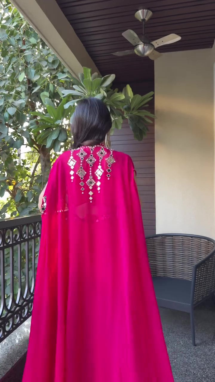 Pink Draped plazo & Mirror work Blouse with Cape