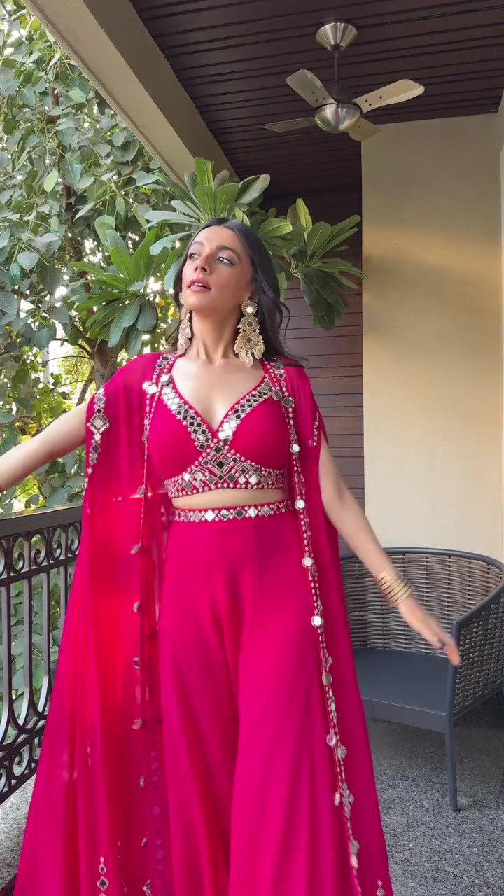 Pink Draped plazo & Mirror work Blouse with Cape