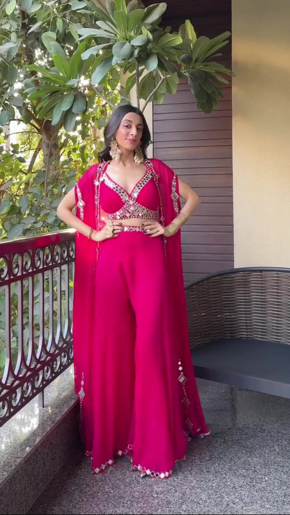 Pink Draped plazo & Mirror work Blouse with Cape