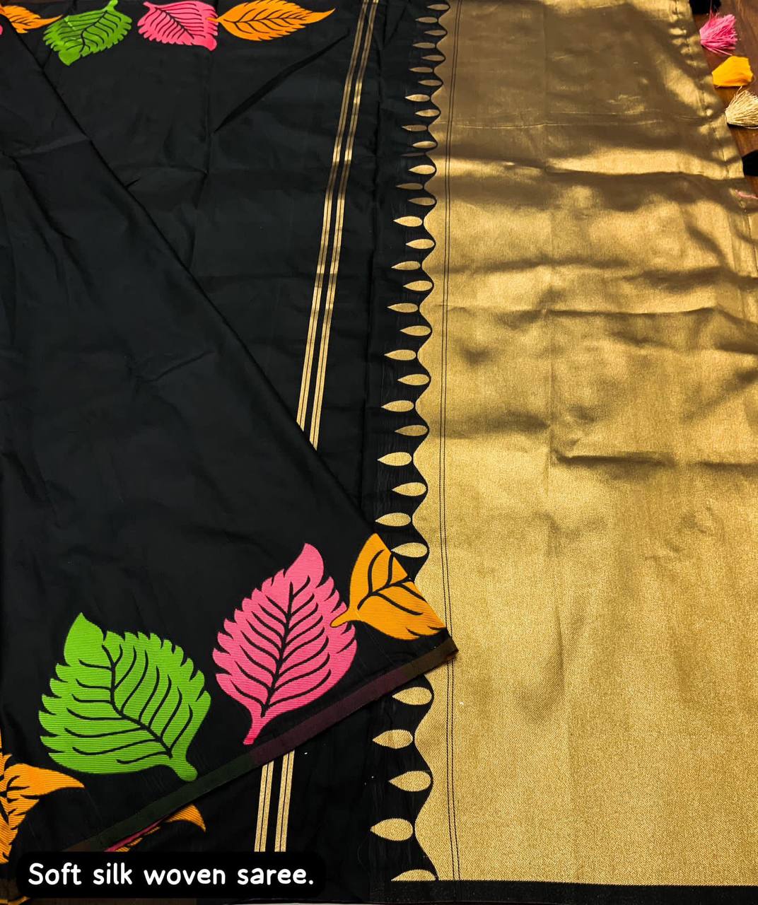 "Elegant Soft Silk Multicolour Leaf Woven Saree with Zari Pallu - Black Beauty"