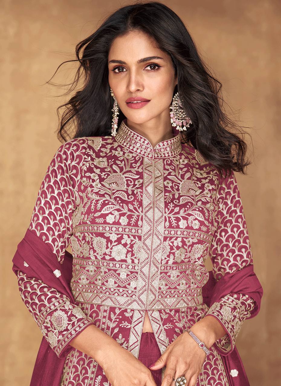 Radiant Vichitra Silk Gown Set with Intricate Embroidery Work - Full Stitched for Perfect Fit