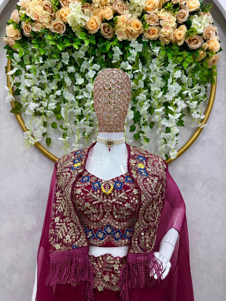 Wine ColorOrganza silk Thread Sequence Dhoti Salwar