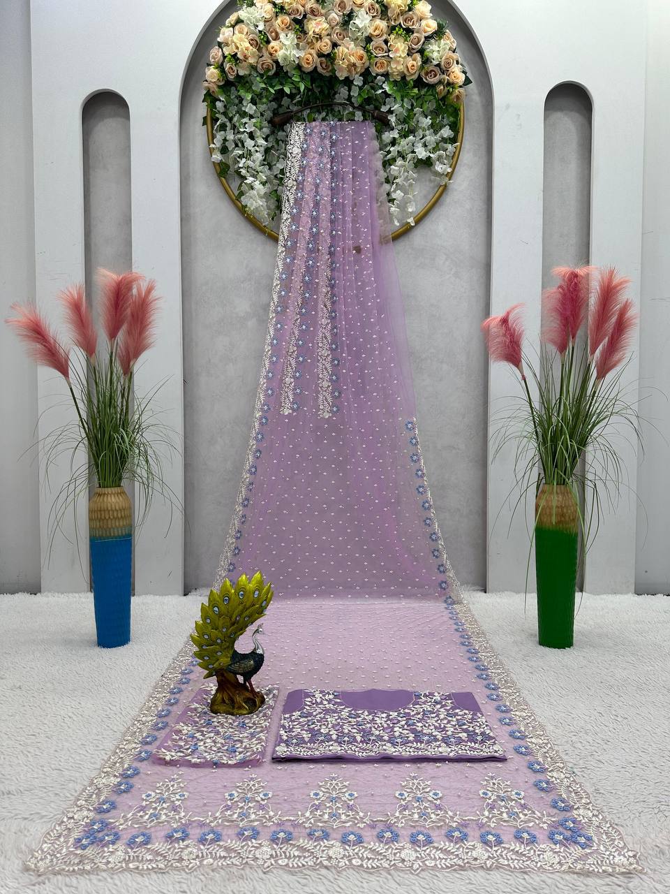 Purple Designer Saree – Soft Net Fabric with Thread, Sequins & Pearl Work