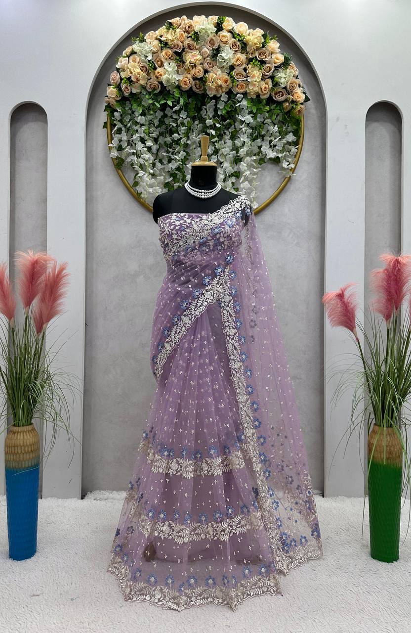Purple Designer Saree – Soft Net Fabric with Thread, Sequins & Pearl Work