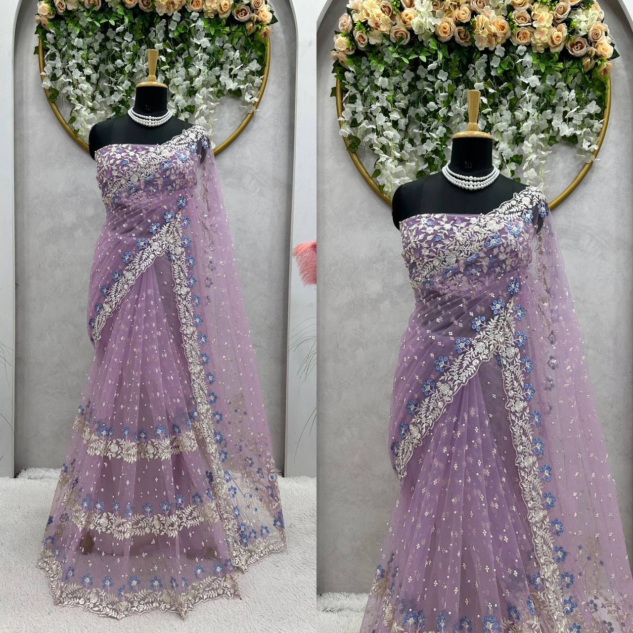 Purple Designer Saree – Soft Net Fabric with Thread, Sequins & Pearl Work