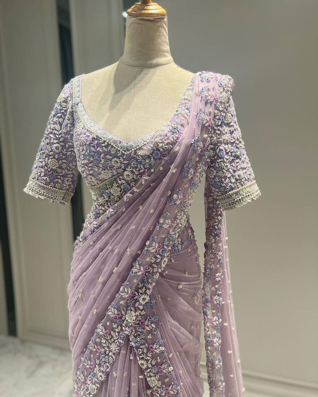 Purple Designer Saree – Soft Net Fabric with Thread, Sequins & Pearl Work