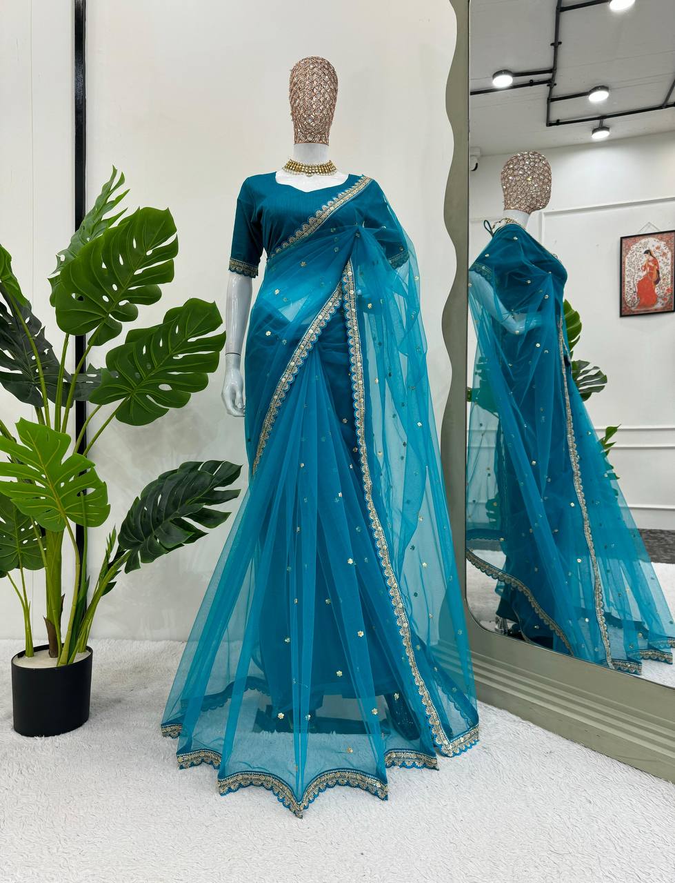 Soft Net Saree with Coding & Sequence Work