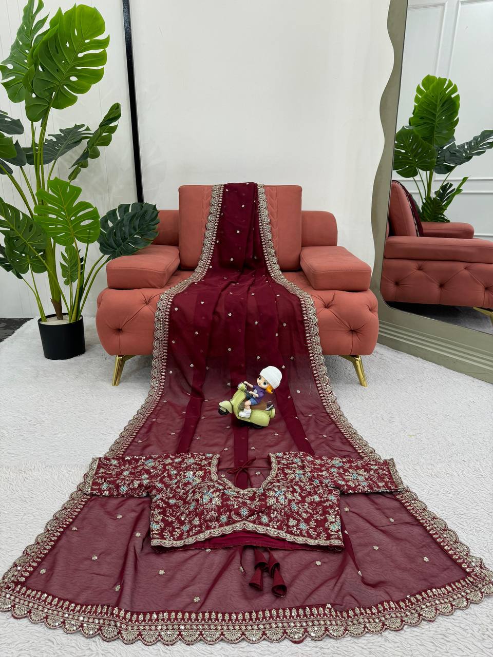 Maroon Designer Saree – Heavy Tibby Silk with Thread & Sequins Work