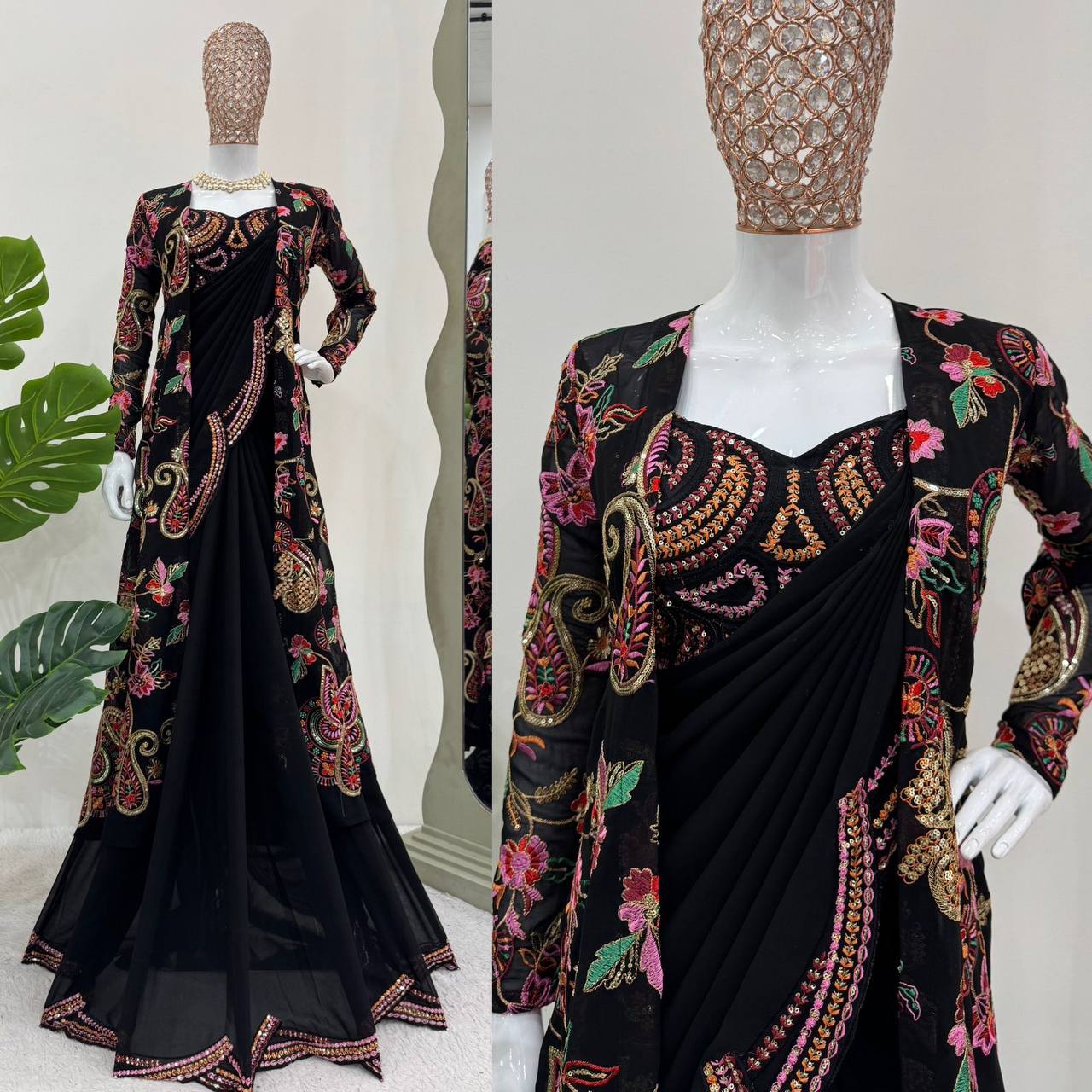 DESIGNER FAUX GEORGETTE SAREE WITH SHRUG & BLOUSE