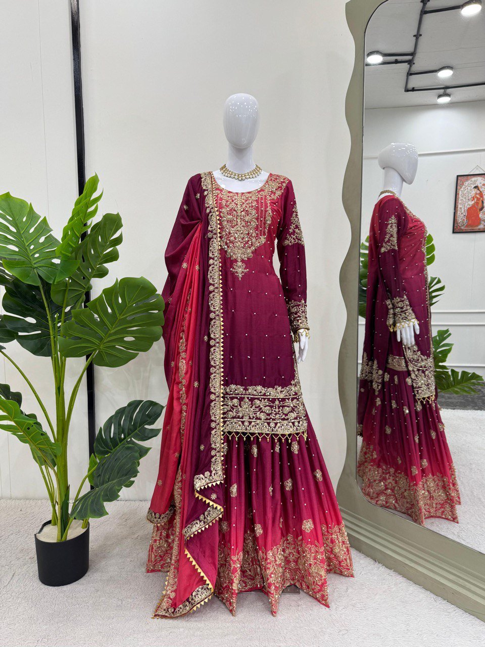Elegant Heavy Chinon Designer Suit with Sharara & Dupatta