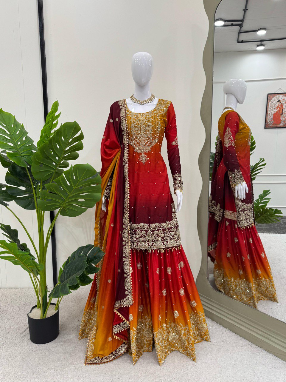 Elegant Heavy Chinon Designer Suit with Sharara & Dupatta