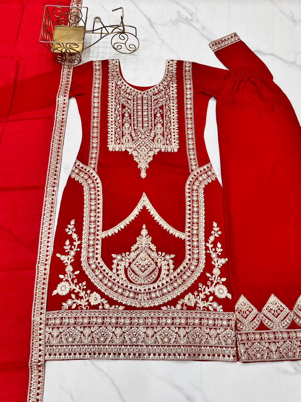 Elegant Vichitra Silk Straight Fit Kurta Dupatta Set – Fully Stitched & Ready to Wear