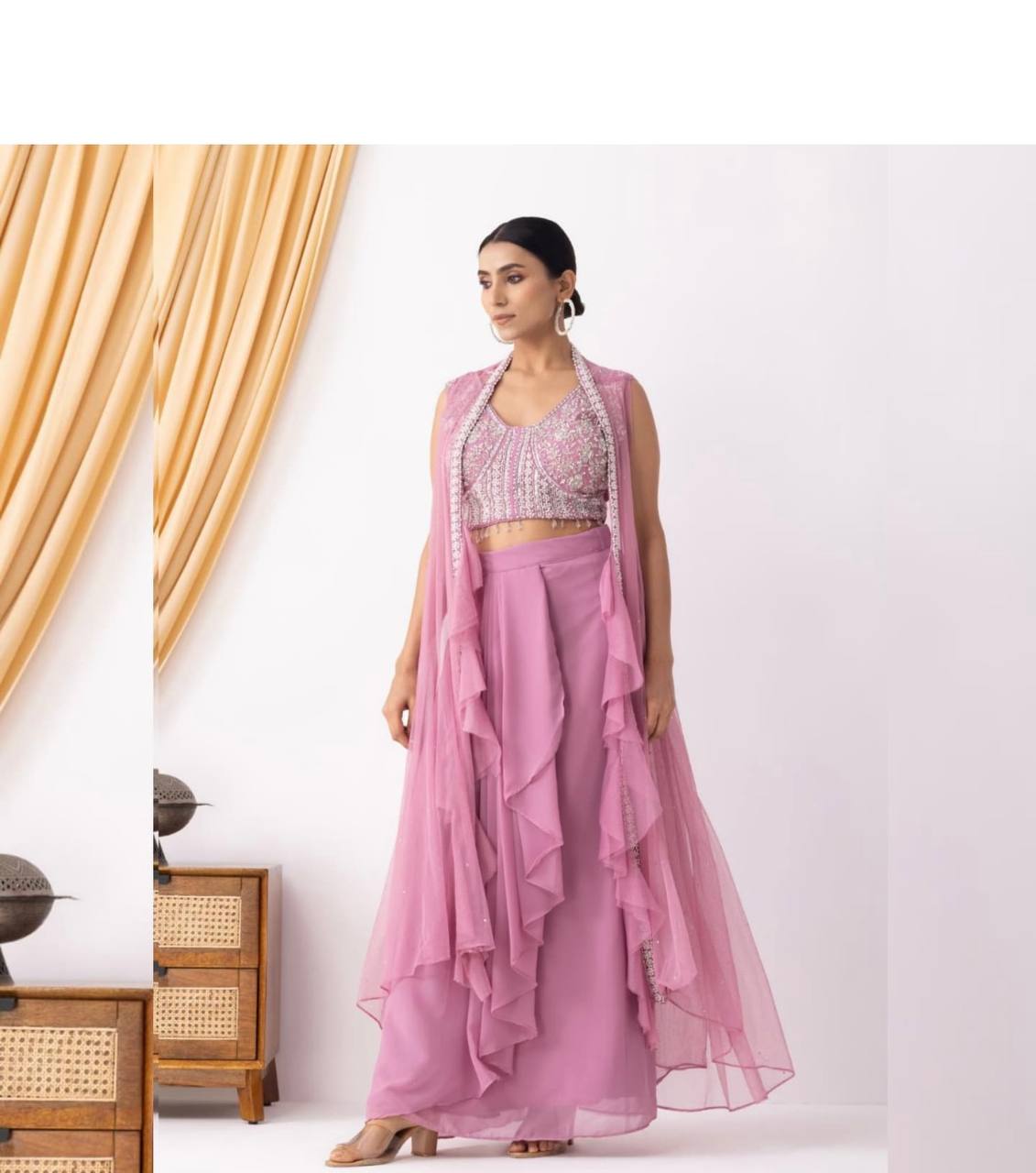 Designer 3-Piece Set – Embroidered Blouse, Dhoti & Koti with Ruffles