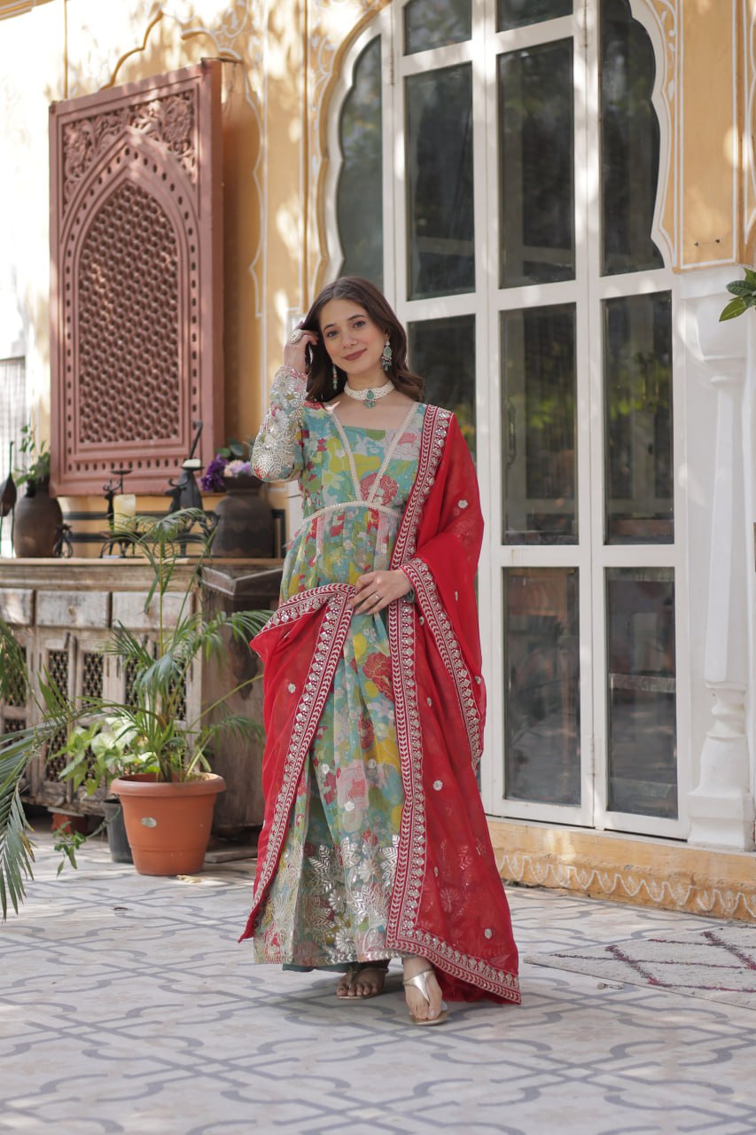 Digital Printed Russian Silk Gown with Embroidered Dupatta