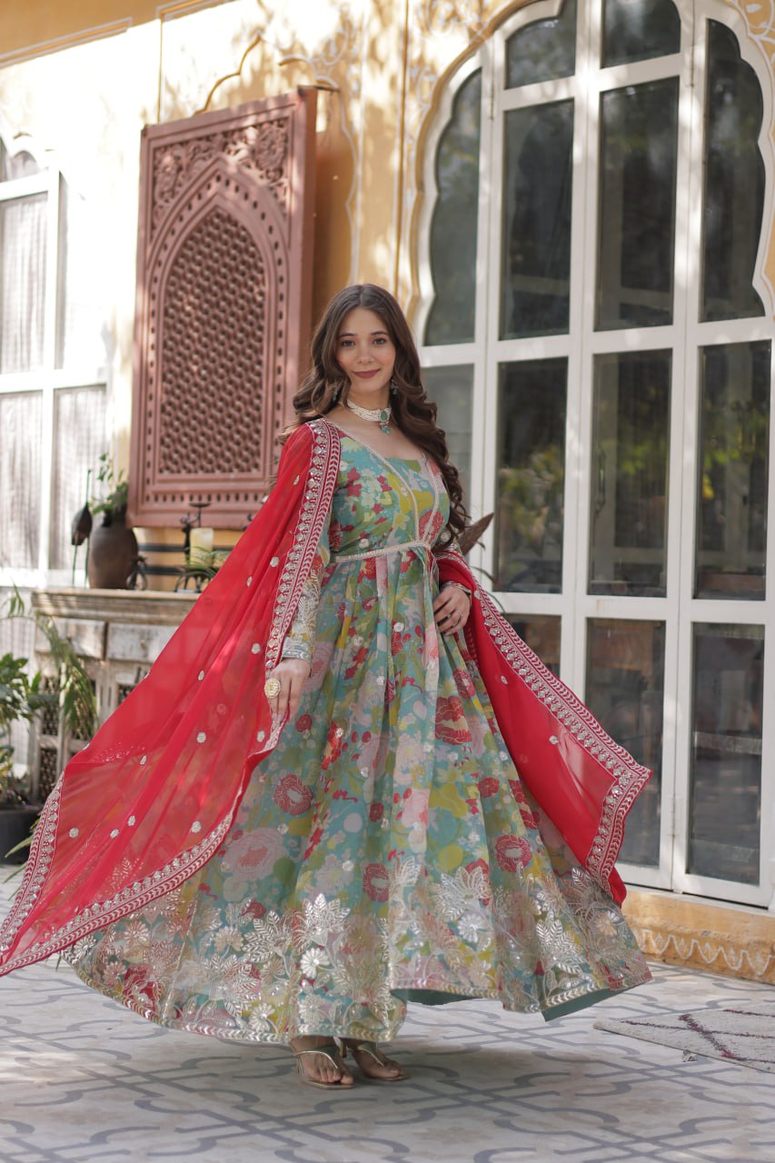 Digital Printed Russian Silk Gown with Embroidered Dupatta