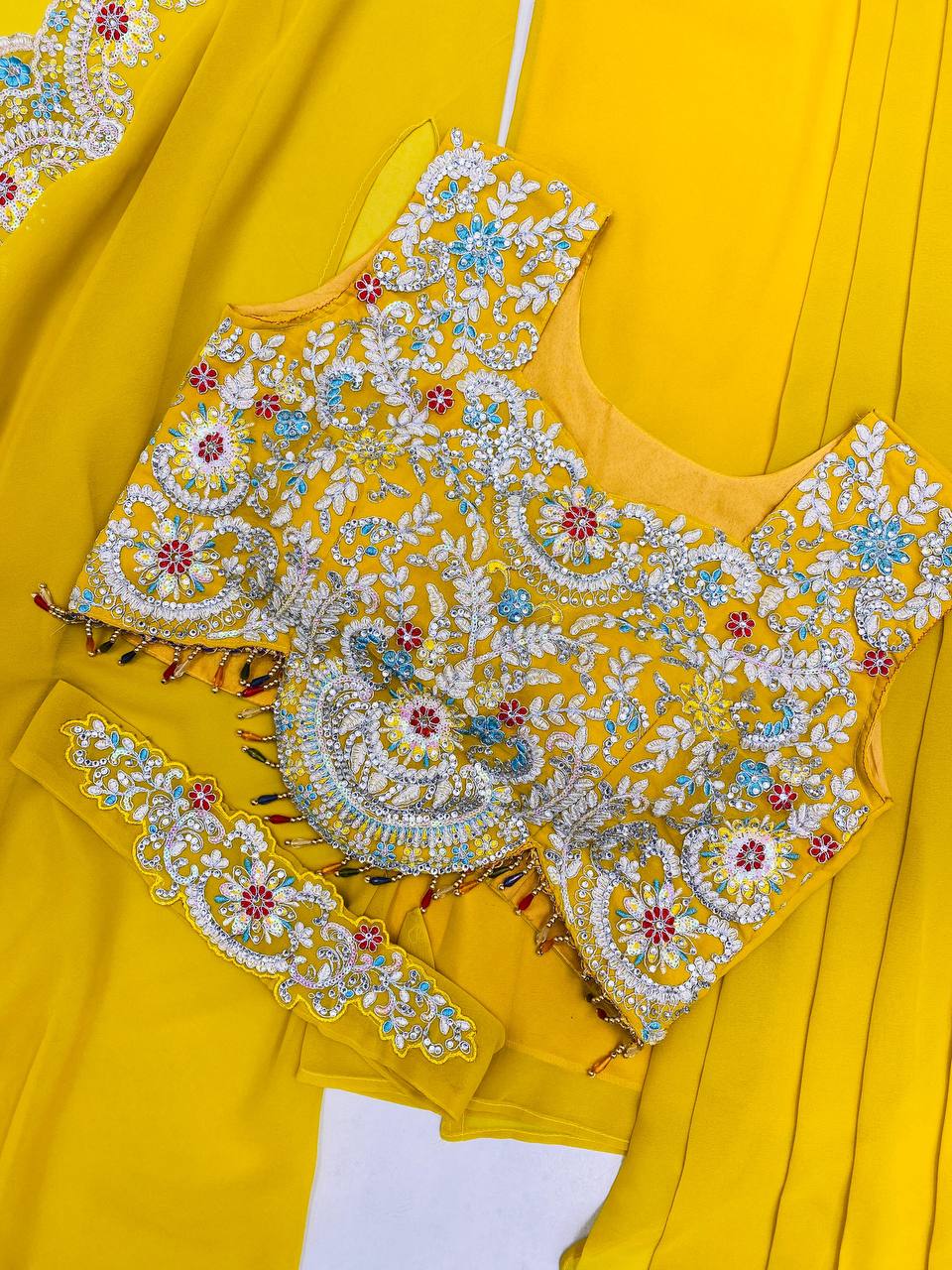 Georgette Blouse, Skirt & Koti Set with Sequins & Diamond Work