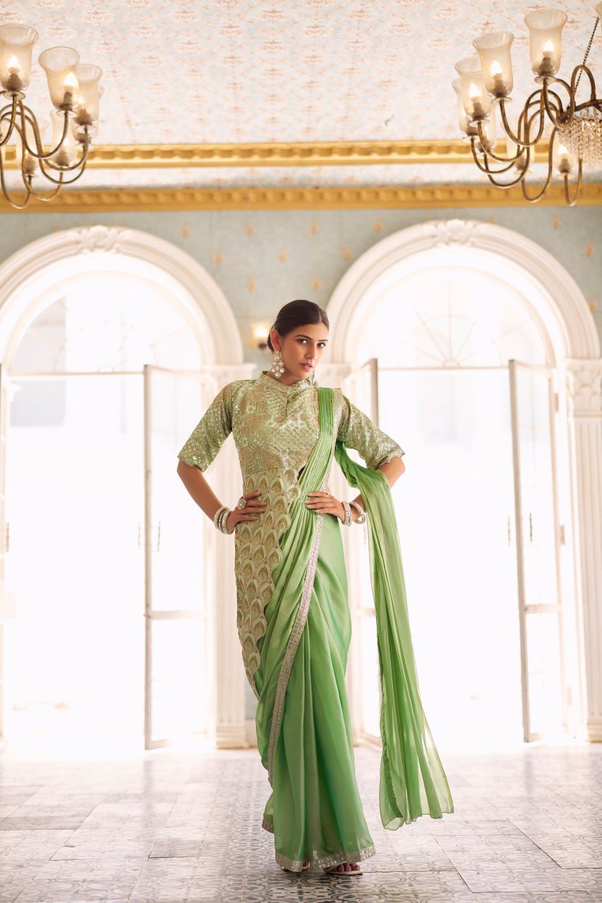 Premium Ready-to-Wear Chinon Drape Saree with Embroidered Blouse