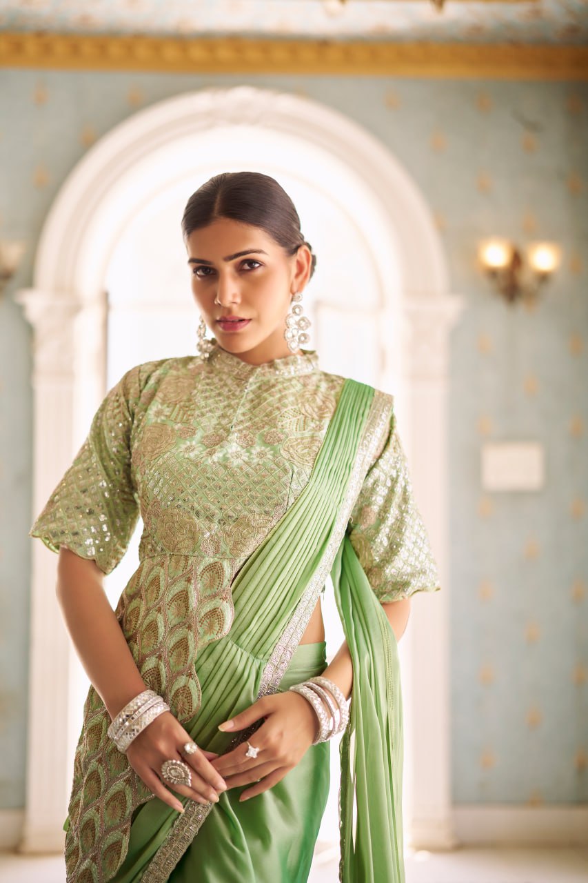 Premium Ready-to-Wear Chinon Drape Saree with Embroidered Blouse