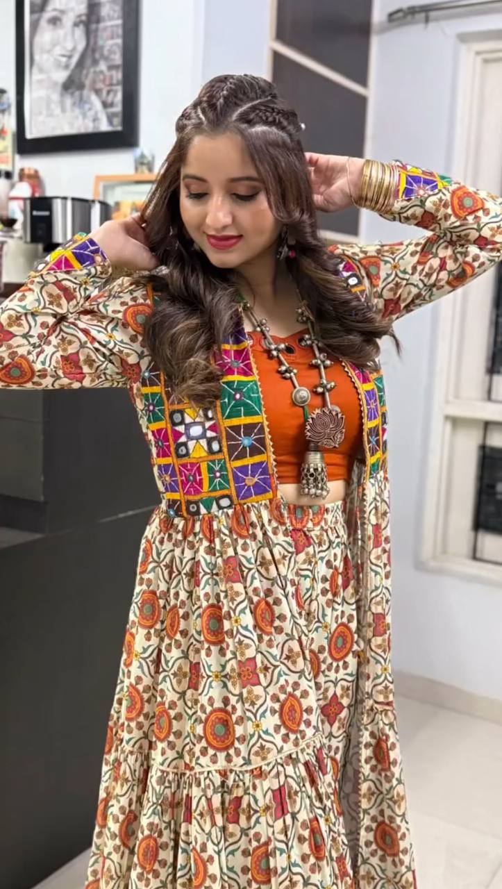6 Meter Flair Navratri Special Lehenga Choli with Embroidered Shrug