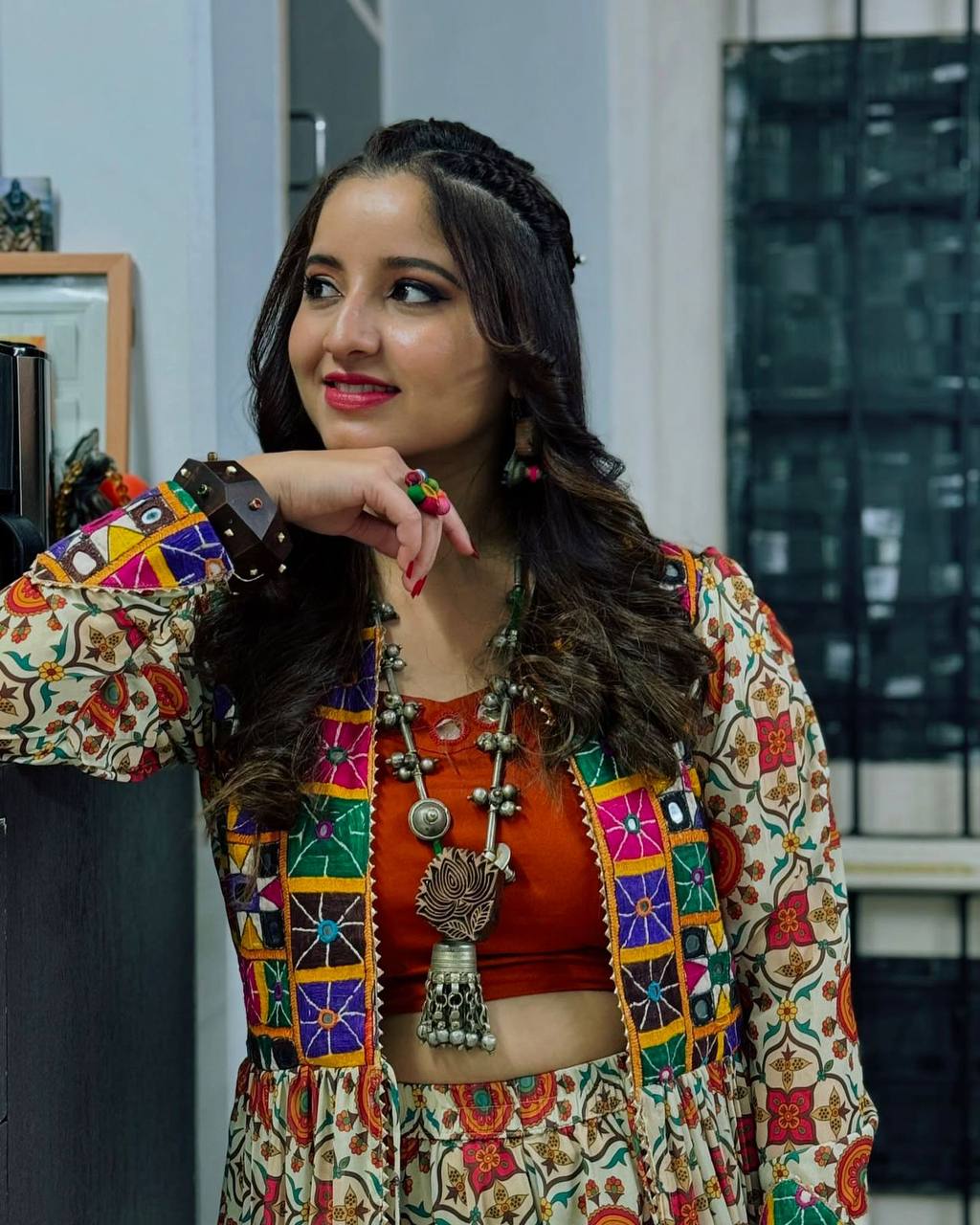 6 Meter Flair Navratri Special Lehenga Choli with Embroidered Shrug