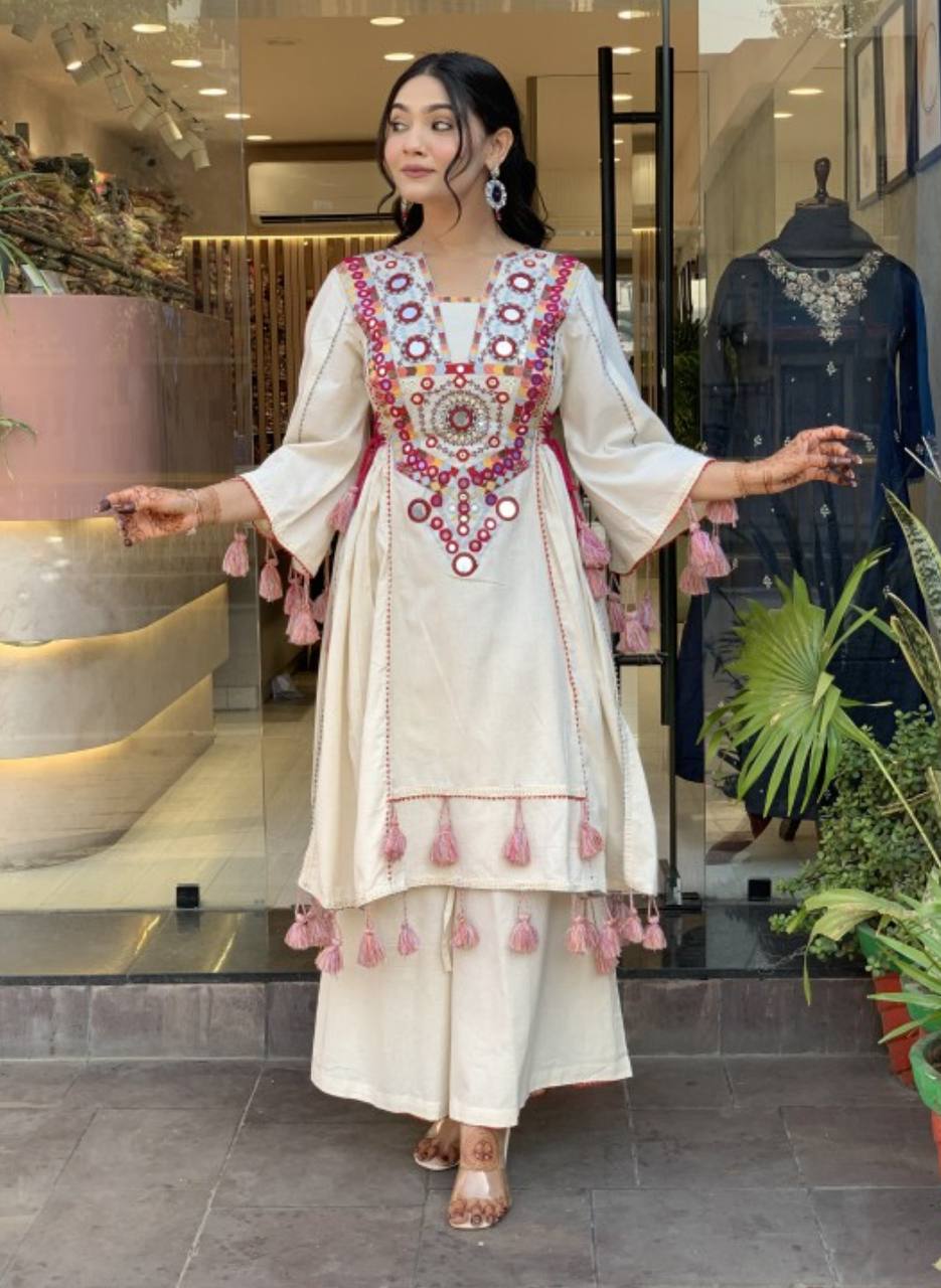 Premium Khadi Cotton Co-ord Set with Embroidery & Mirror Work
