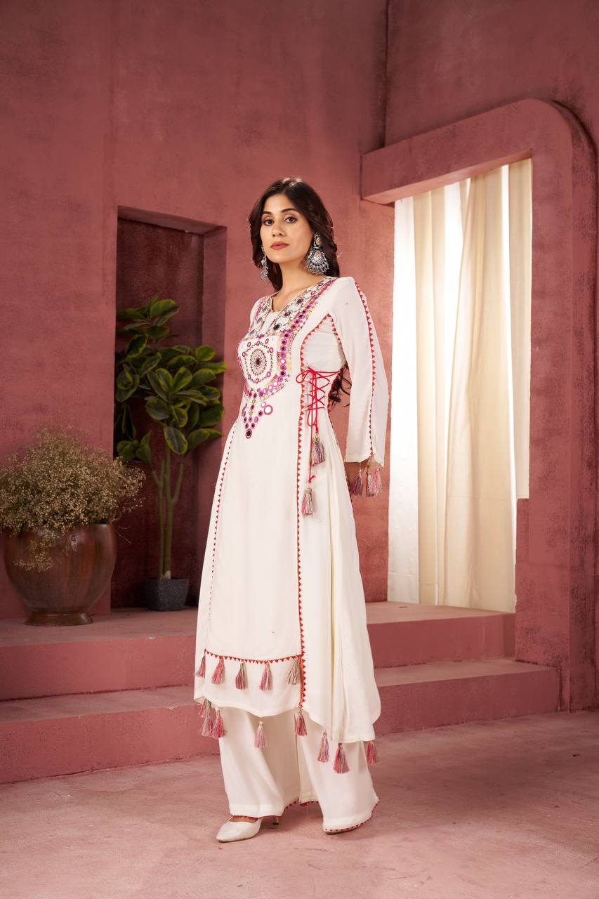 Rakhi Special Designer Cord Set with Palazoo | Premium Rayon with Real Mirror Work & Tassels
