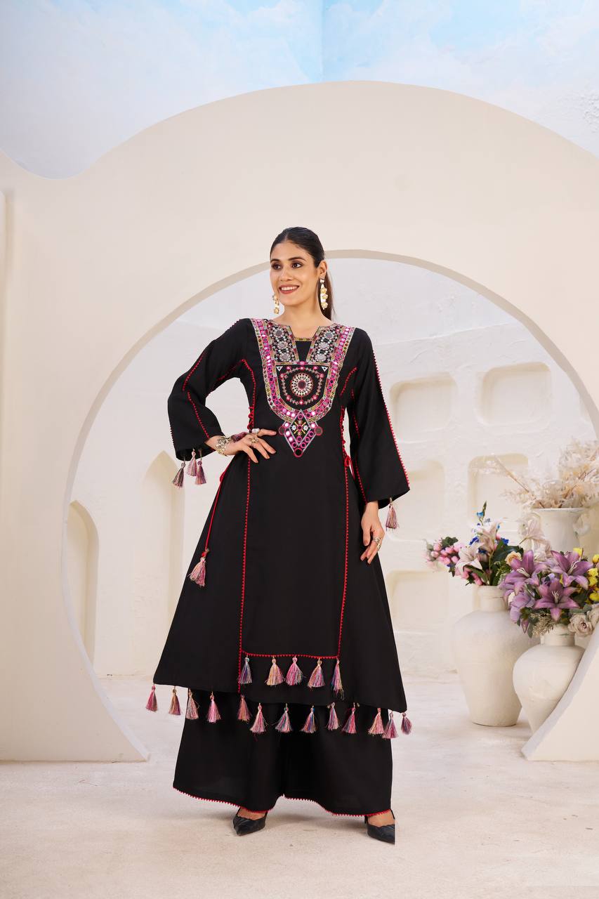 Rakhi Special Designer Cord Set with Palazoo | Premium Rayon with Real Mirror Work & Tassels