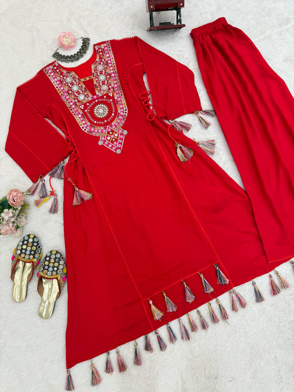 Rakhi Special Designer Cord Set with Palazoo | Premium Rayon with Real Mirror Work & Tassels