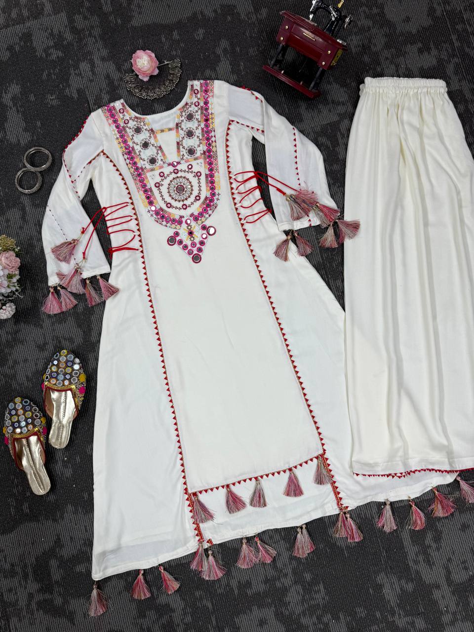 Rakhi Special Designer Cord Set with Palazoo | Premium Rayon with Real Mirror Work & Tassels