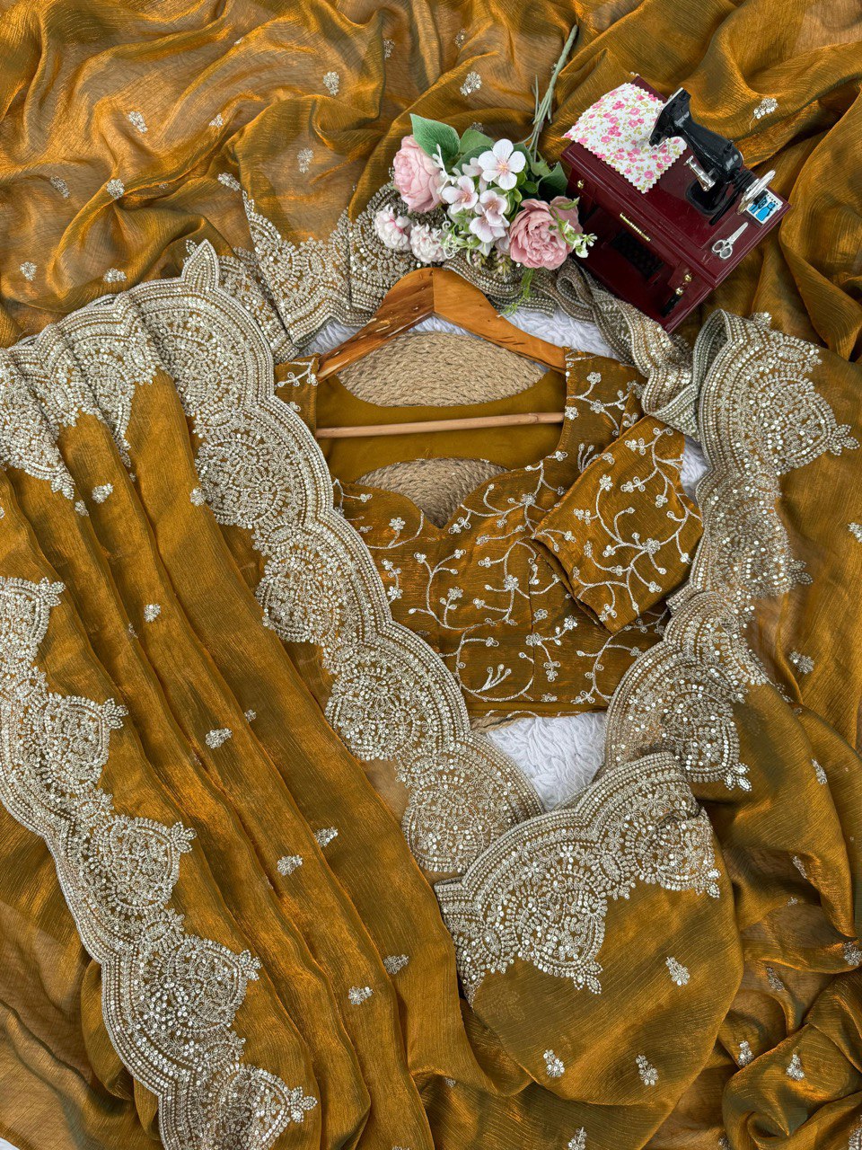 Designer Fendi Chiffon Saree with Sequins & Thread Embroidery