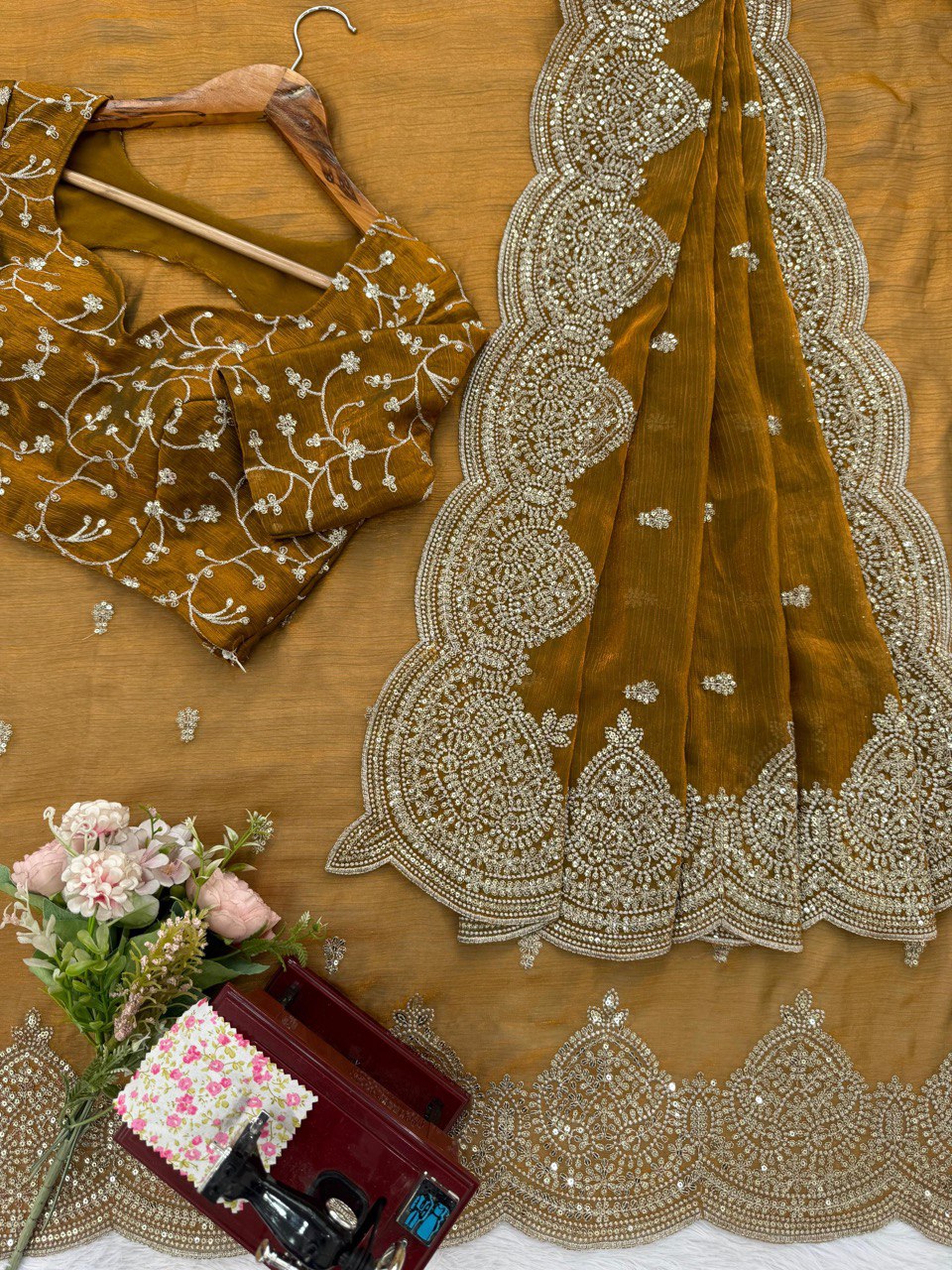 Designer Fendi Chiffon Saree with Sequins & Thread Embroidery