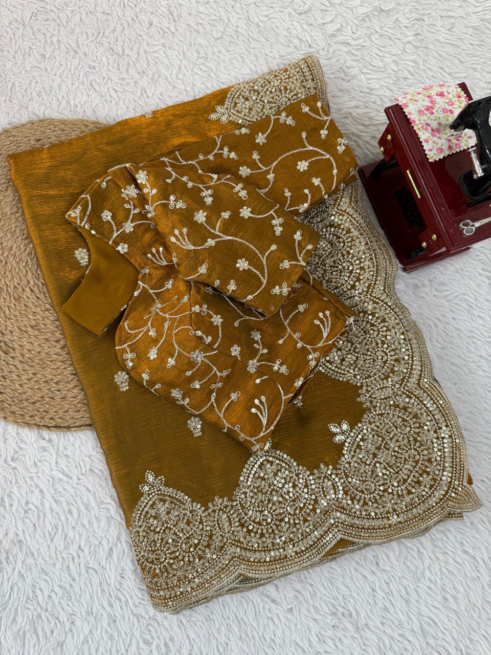 Designer Fendi Chiffon Saree with Sequins & Thread Embroidery