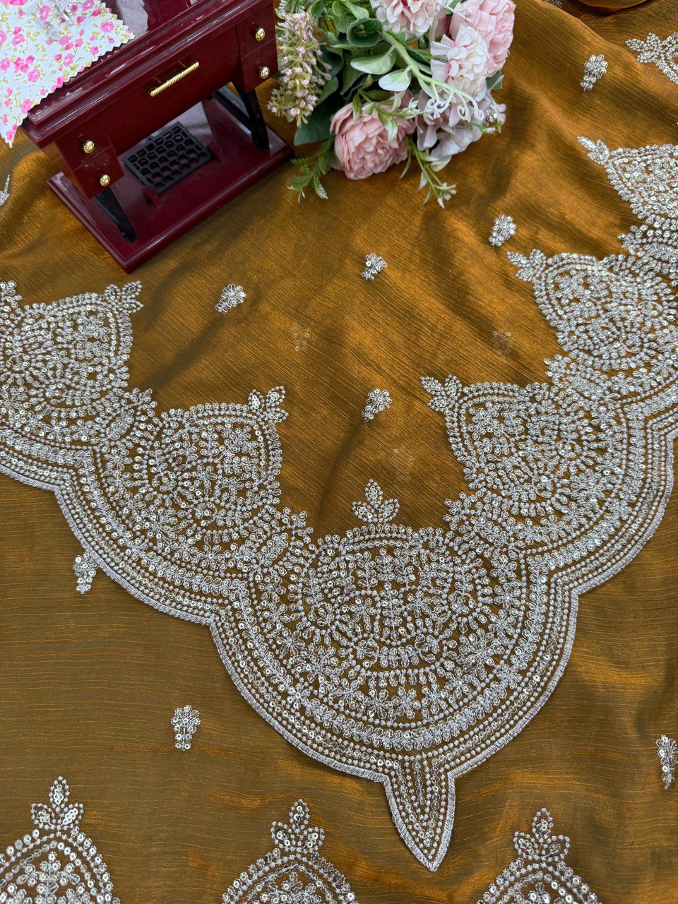 Designer Fendi Chiffon Saree with Sequins & Thread Embroidery