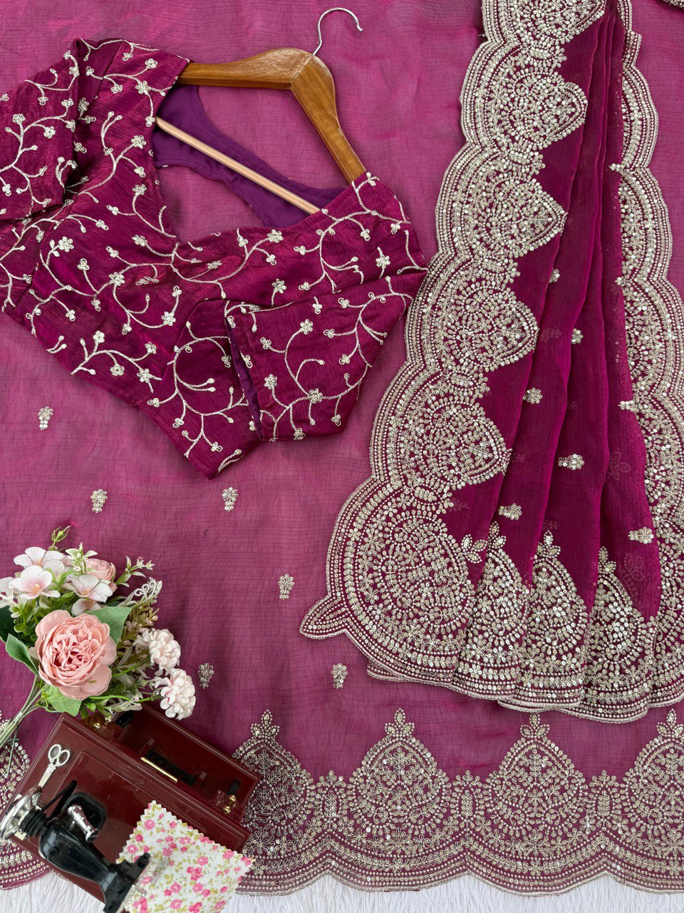 Designer Fendi Chiffon Saree with Sequins & Thread Embroidery