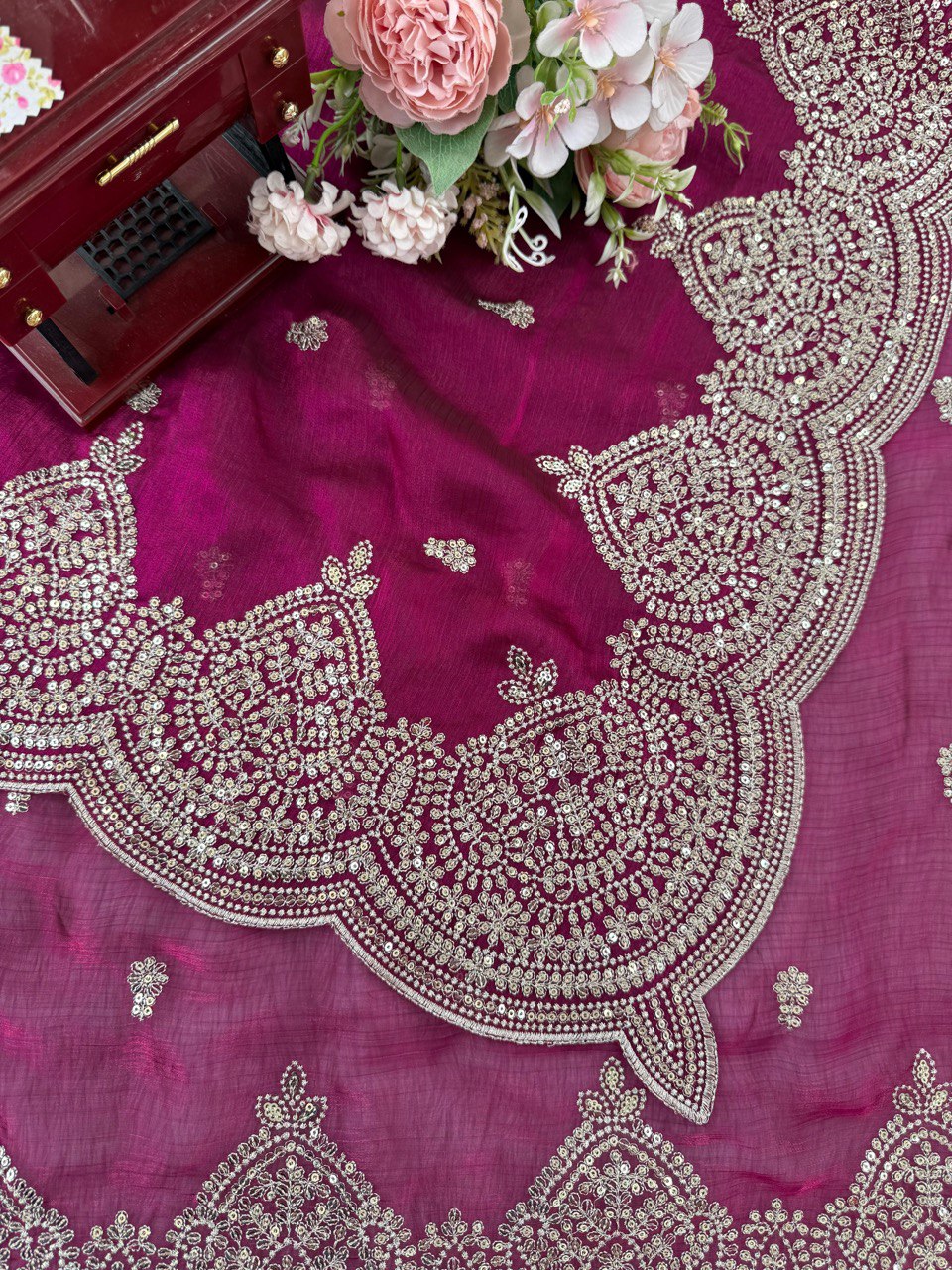 Designer Fendi Chiffon Saree with Sequins & Thread Embroidery