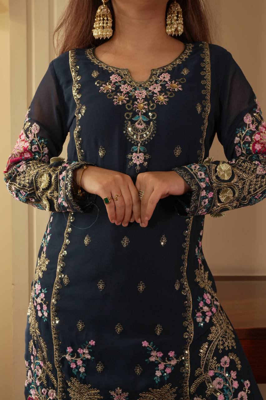 Elegant Fox Georgette Kurti Circular Plazzo Set with Embroidered Dupatta