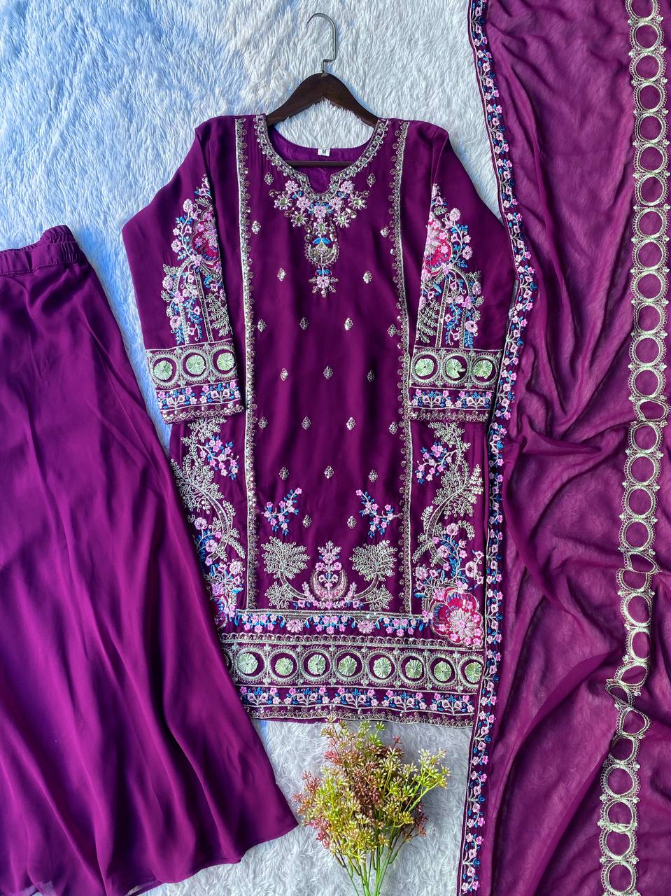 Elegant Fox Georgette Kurti Circular Plazzo Set with Embroidered Dupatta