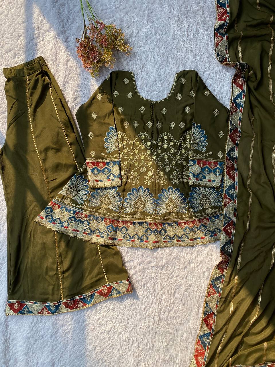 Designer Chinon Top Kali Plazzo Set with Embroidered Dupatta