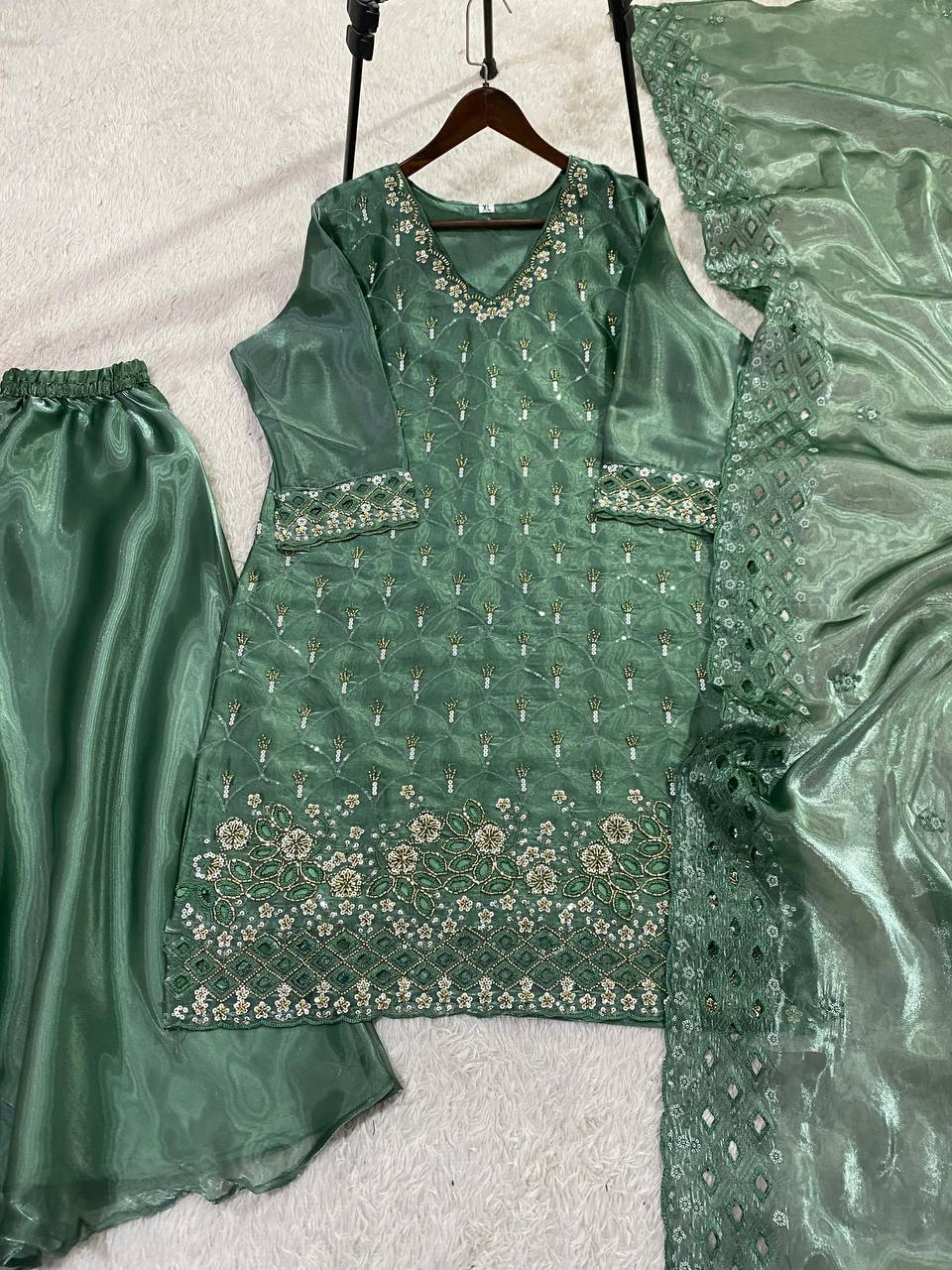 Designer Fendy Kurti Plazzo Dupatta Set with Sequence Embroidery