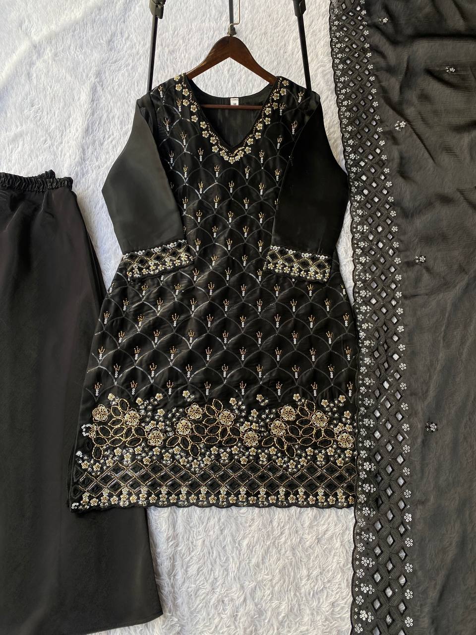 Designer Fendy Kurti Plazzo Dupatta Set with Sequence Embroidery